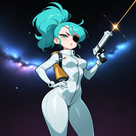 masterpiece, best quality, amazing quality, very aesthetic, absurdres, high res, shiny skin, diives, 1girl, solo, short turquoise hair, ponytail, turquoise eyes, black eyepatch, full lips, medium breasts, narrow waist, wide hips, thick thighs, white tight ...