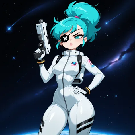 masterpiece, best quality, amazing quality, very aesthetic, absurdres, high res, shiny skin, diives, 1girl, solo, short turquoise hair, ponytail, turquoise eyes, black eyepatch, full lips, medium breasts, narrow waist, wide hips, thick thighs, white tight ...