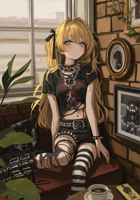 long blond hair, light blue eyes, big breasts, blush, short black jeans, torn thigh highs, goth girl, sitting on a sofa, room, corner, detailed face, black eyelashes, black nails