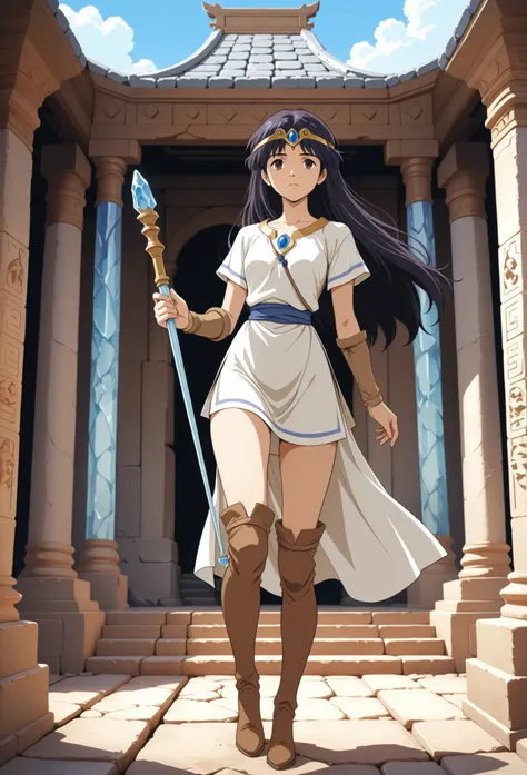 A maiden with dark hair wearing a short white tunic, thigh-high hide boots and circlet, holding a rod with a blue crystal tip, standing outside a Babylonian temple, alone, in full view in a highly detailed anime style