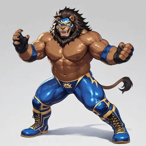 giant darkness Lion, solo, dark brown skin, black mane, evil smile, open mouth, large fangs, sharp nails, heavy weight bulky plump, wide pectoral muscles, muscular, venis popping, masked wrestler, blue yellow wrestling spandex, glossy spandex, strong fight...