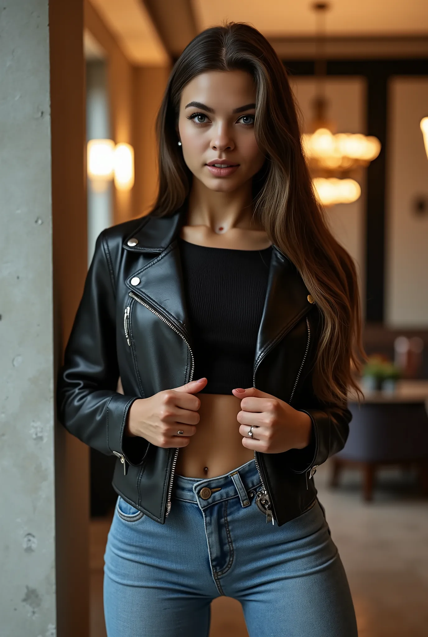 full body design , interrior , interriordesign Masterpiece , best quality , (highly detailed raw photo:1 . 2) , 8k render in octane , volumetric lighting , volumetric shadows portrait of a woman , (pasionate look) , jeans , leather jacket , pullover , walk...
