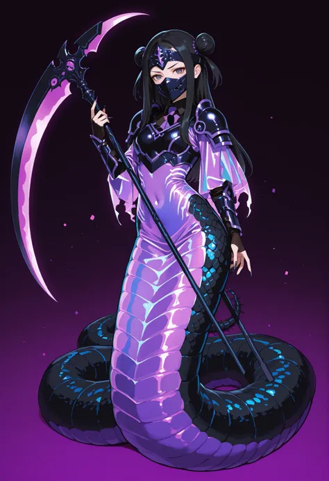 Lamia style girl. Centipede body. Black centipede. Blue insect legs. Armor knight. Black hair. Tie hair. Forehead guard. Snakeskin face. Black armor. Purple decoration. Holographic element costume. Sharp claws. Holding weapon. Scythe.