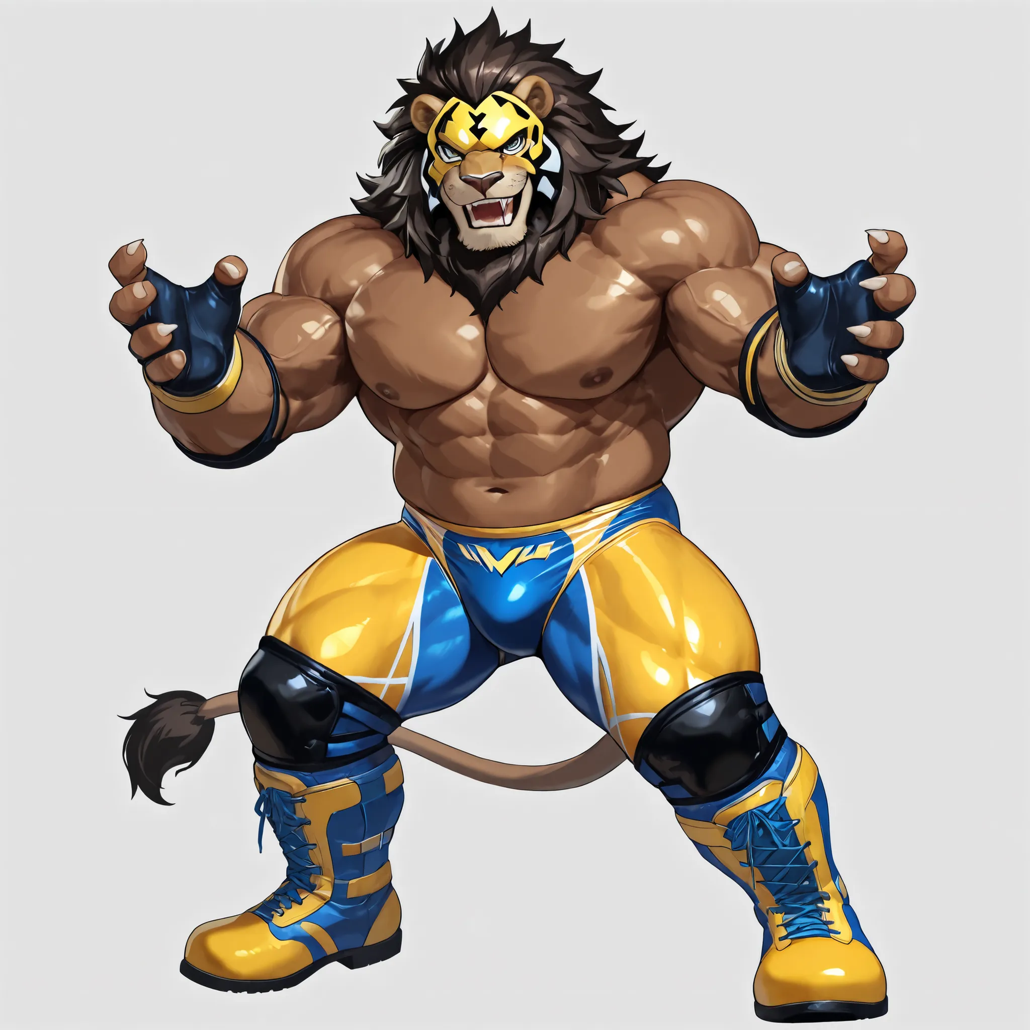 giant darkness Lion, solo, dark brown skin, black mane, evil smile, open mouth, large fangs, sharp nails, heavy weight bulky plump, wide pectoral muscles, muscular, venis popping, thick thighs, masked wrestler, blue yellow wrestling spandex, glossy spandex...