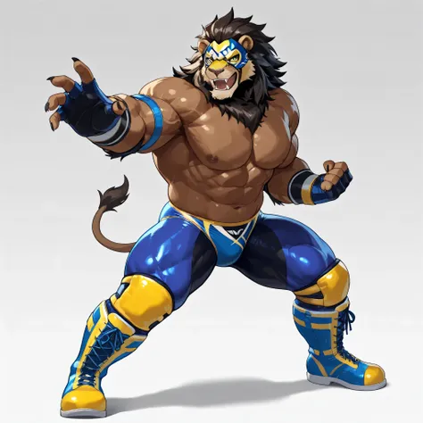 giant darkness Lion, solo, dark brown skin, black mane, evil smile, open mouth, large fangs, sharp nails, heavy weight bulky plump, wide pectoral muscles, muscular, venis popping, thick thighs, masked wrestler, blue yellow wrestling spandex, glossy spandex...