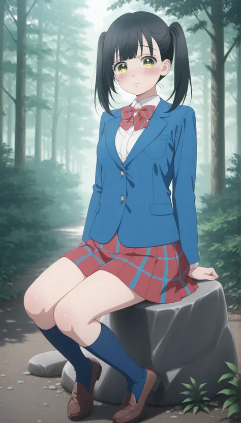  masterpiece, best quality, 1girl, solo, looking at viewer ,black hair, twintails hair,yellow eyes, long hair, school uniform, white shirt, collared shirt, long sleeves, red bowtie, red skirt, blue skirt ,blue jacket, natural face, blushing,striped bowtie,...