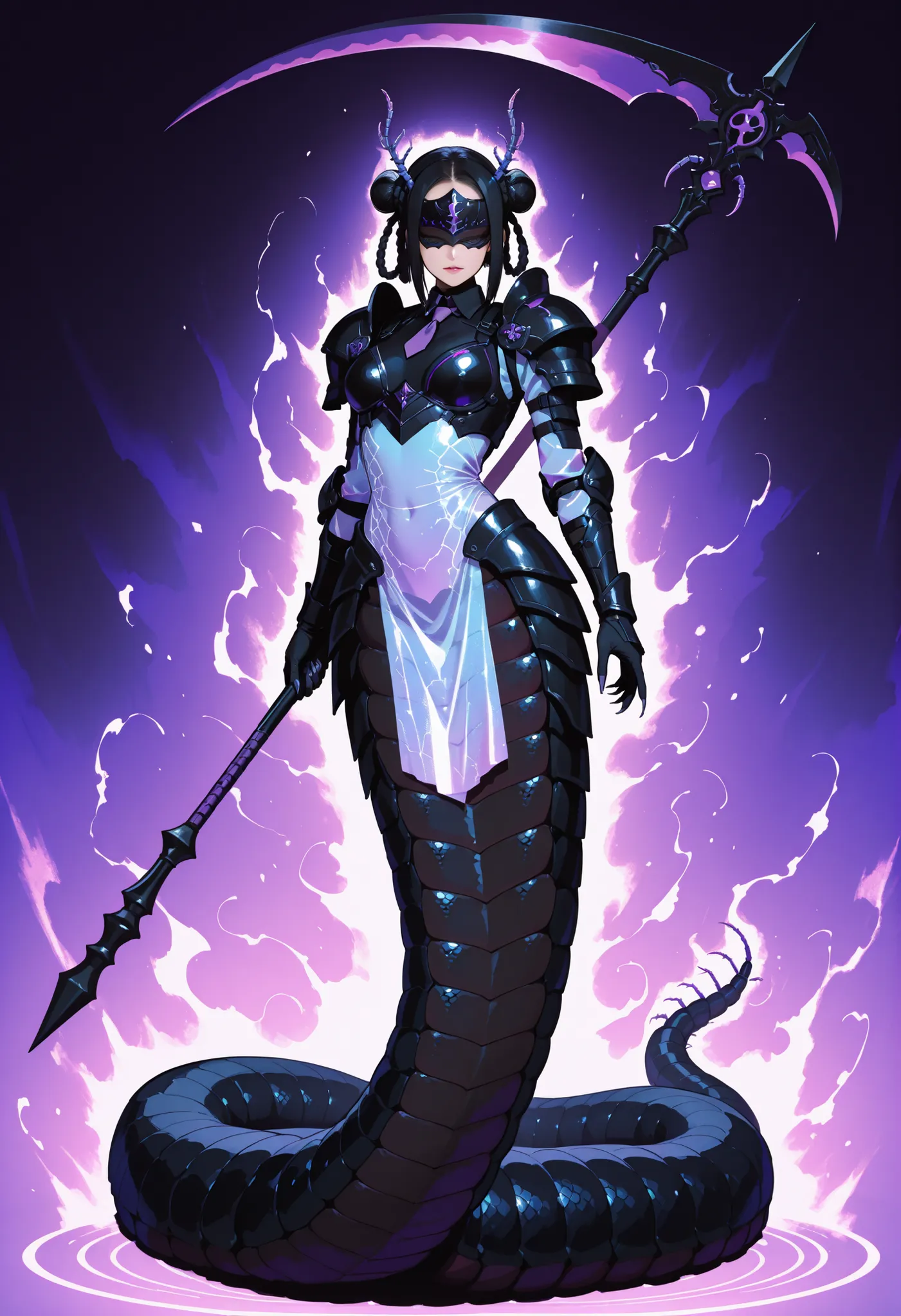 Lamia style girl. Centipede body. Black centipede. Blue insect legs. Armor knight. Black hair. Tie hair. Forehead guard. Snakeskin face. Black armor. Purple decoration. Holographic element costume. Sharp claws. Holding weapon. Scythe.