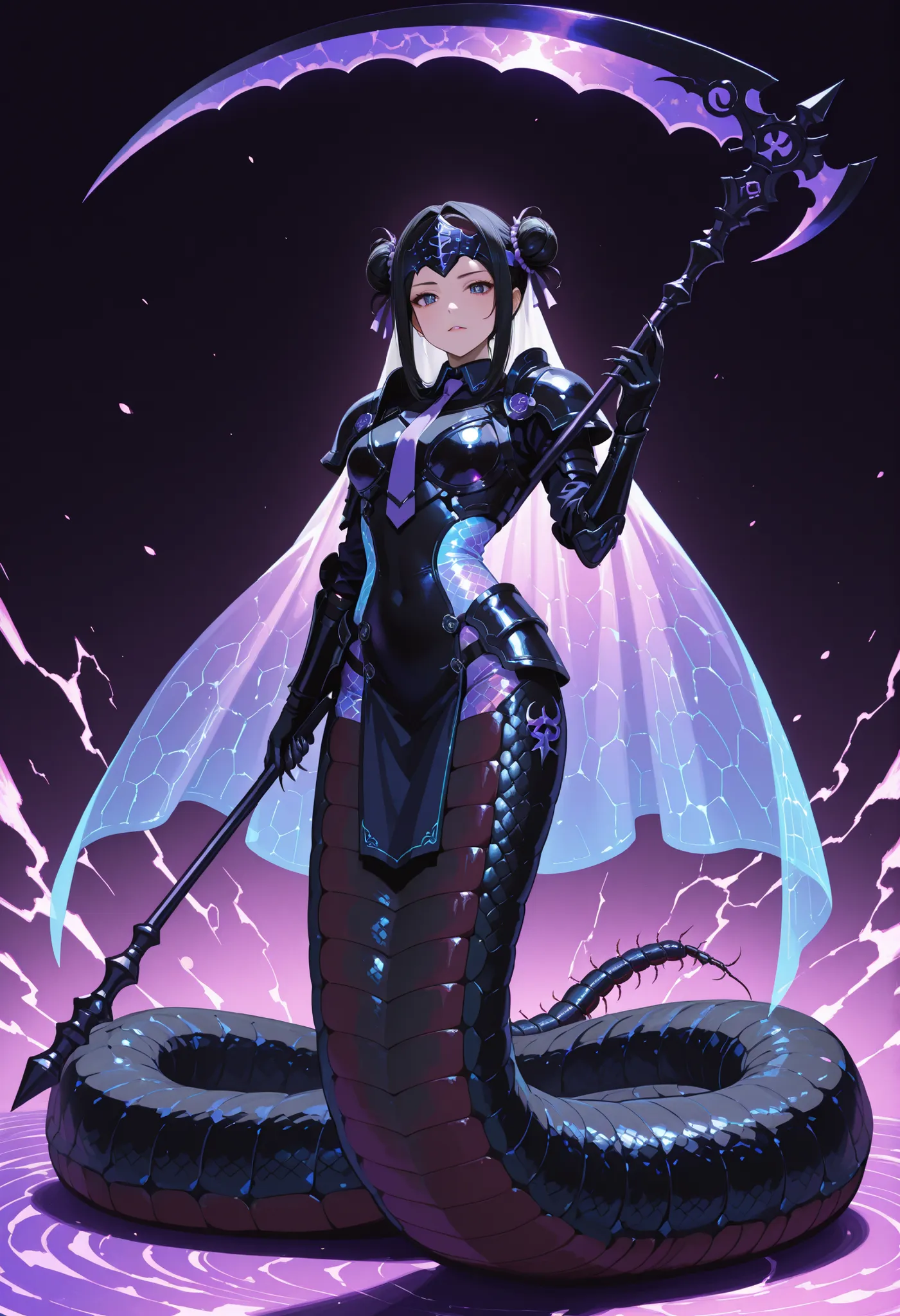 Lamia style girl. Centipede body. Black centipede. Blue insect legs. Armor knight. Black hair. Tie hair. Forehead guard. Snakeskin face. Black armor. Purple decoration. Holographic element costume. Sharp claws. Holding weapon. Scythe.