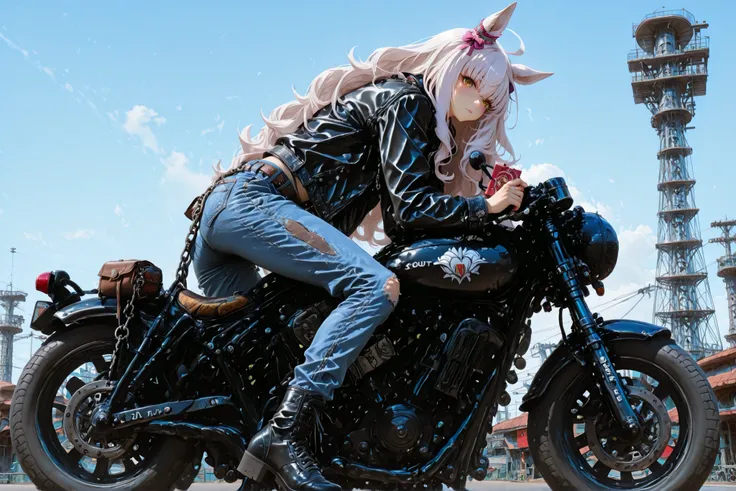 傑作、biwa hayahide(uma musume), yabuki、高品質、8K、1人の女の子, Scout Bobber, Leather jacket, denim pants, wallet chain, ride motorcycle, factory background