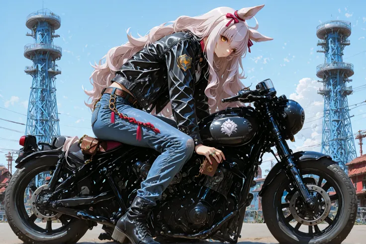 傑作、biwa hayahide(uma musume), yabuki、高品質、8K、1人の女の子, Scout Bobber, Leather jacket, denim pants, wallet chain, ride motorcycle, factory background