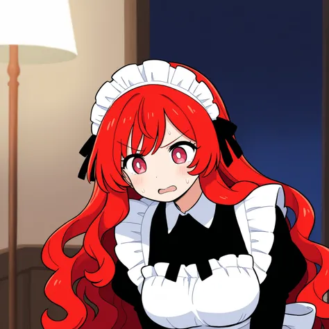 Beautiful Girl maid red hair long hair wavy hair with a graceful expression and look to find