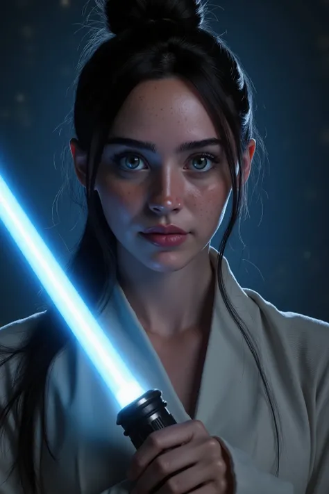 Please create a poster of a closeup of a beautiful female jedi holding a blue lightsaber and looking straight into the camera with determination in her eyes. The picture should look like a Star Wars wallpaper with dark background and cinematic look.