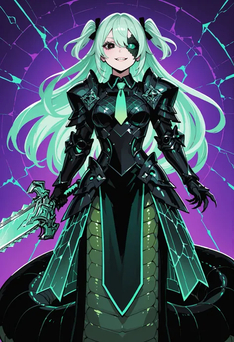 Lamia style girl. Centipede body. Black snake. Green scale pattern. Armor knight. Bright hair. Tie hair. Asymmetric eyes. Snake eyes. Snake skin face. Black armor. Purple decoration. Holographic crack costume. Sharp claws. Holding weapon. Chainsaw sword.