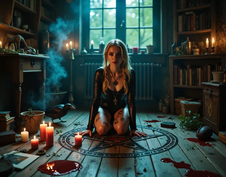 young girl, about 12, she is a Norwegian witch, skinny, frail, flat chest, demure, blonde hair, flashing sharp teeth, in sheer black bodysuit, very sexy suit, stockings, leather clothing, boots, on her hands and knees on the floor, hair is in braids, a pen...