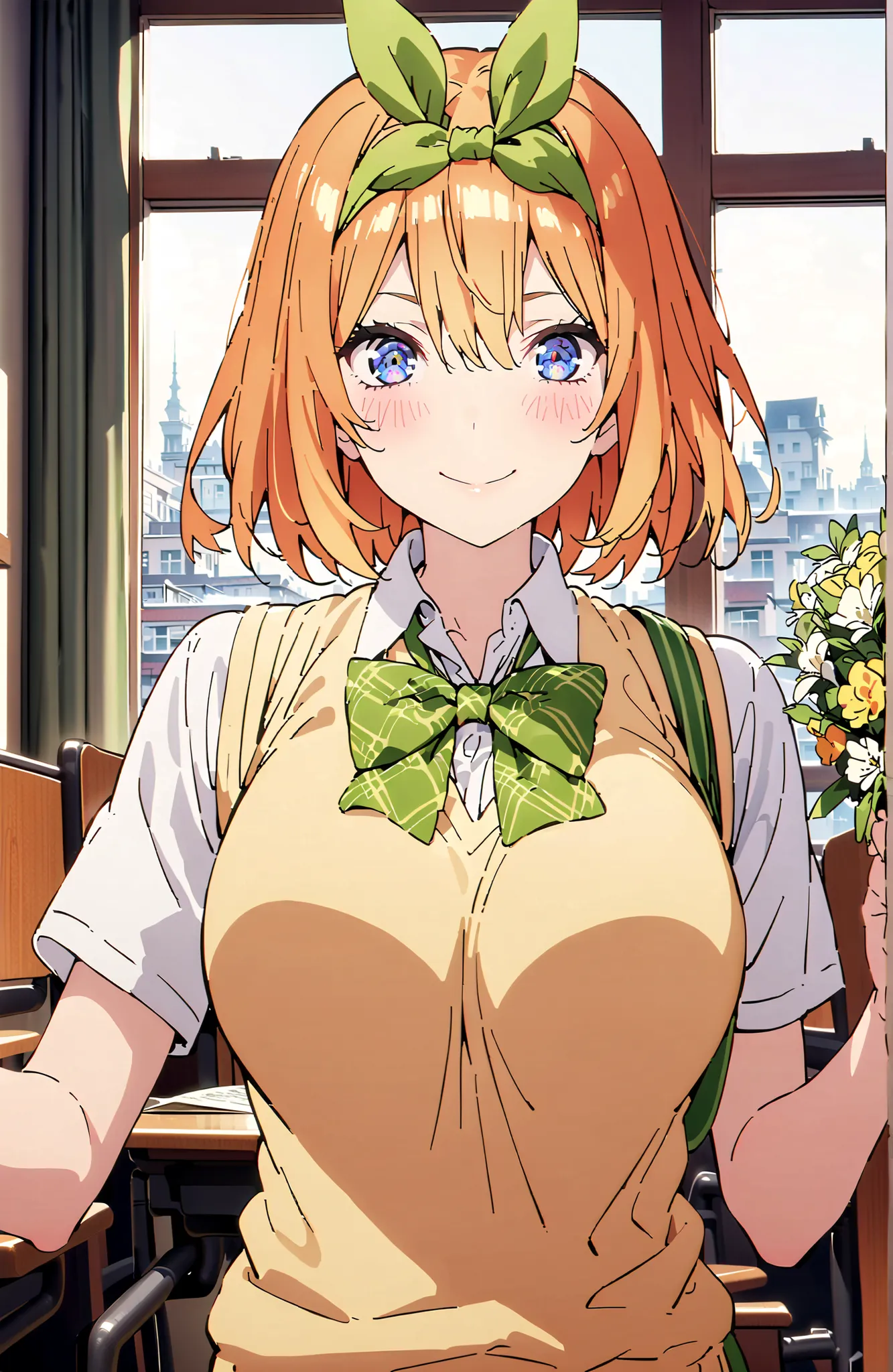 score_9, score_8_up, score_7_up, 中野四葉, solo,bungs, short hair, blue eyes, hair between eyes, hair ribbon, headband, orange hair, (green ribbon:1.5), smile,blush,grinning,Big Breasts,
in their 40s skirt, shirt, bow, ribbon, uniform, white shirt, short sleev...
