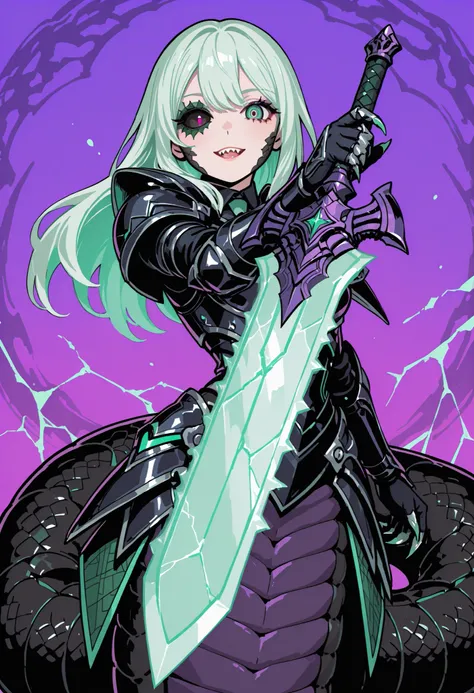 Lamia style girl. Centipede body. Black snake. Green scale pattern. Armor knight. Bright hair. Tie hair. Asymmetric eyes. Snake eyes. Snake skin face. Black armor. Purple decoration. Holographic crack costume. Sharp claws. Holding weapon. Chainsaw sword.