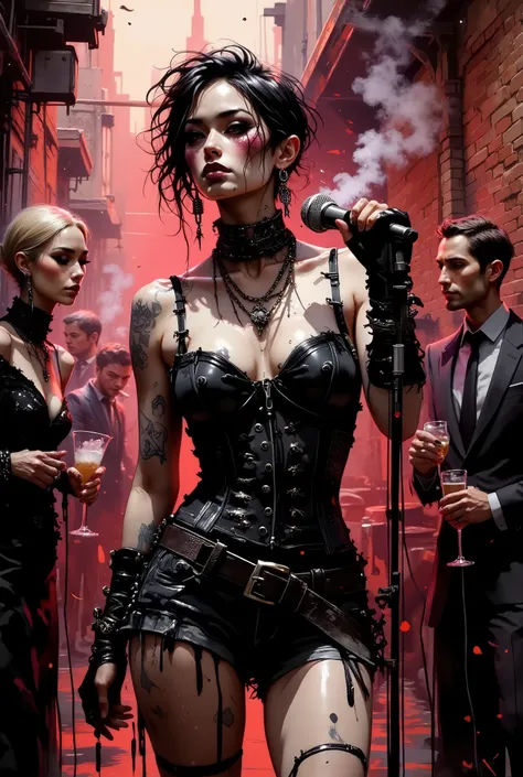 A dark underground bar with rough brick walls, graffiti on the walls, neon red-purple lighting, and the smoky atmosphere. A furious alternative singer sings and dances on a small round stage, wearing a torn mesh top, leather corset with studs, short ripped...