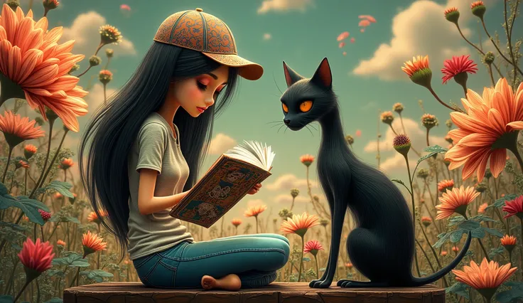 In Whimsical Art style, a full body shot of a tall thin woman who is sitting in a park reading a comic book, with long black hair, wearing a cap , wearing a t-shirt and jeans. A black cat with a long neck and big eyes by her side. The mood is fantastic. th...