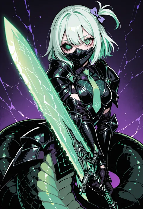 Lamia style girl. Centipede body. Black snake. Green scale pattern. Armor knight. Bright hair. Tie hair. Asymmetric eyes. Snake eyes. Snake skin face. Black armor. Purple decoration. Holographic crack costume. Sharp claws. Holding weapon. Chainsaw sword.