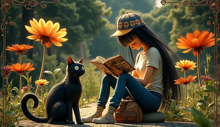 In Whimsical Art style, a full body shot of a tall thin woman who is sitting in a park reading a comic book, with long black hair, wearing a cap , wearing a t-shirt and jeans. A black cat with a long neck and big eyes by her side. The mood is fantastic. th...