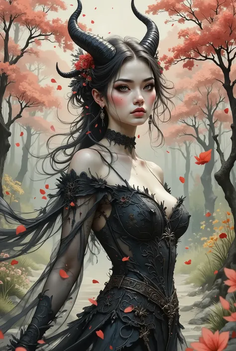 generate images of  devil bride, dark fantasy theme,, in garden, Cherry blossom petals in the air,(art by Carne Griffiths:1.2),(fantastic atmosphere), wind effect,(full body image:1.5), highly intricate gothic style  long  wedding dress with veil, elegant,...