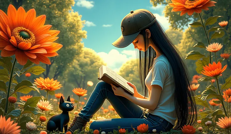 In Whimsical Art style,  a full body shot of a tall thin woman who is sitting in a park reading a comic book, with long black hair, wearing a cap , wearing a t-shirt and jeans. A black cat with a long neck and big eyes by her side. The mood is ethereal. th...