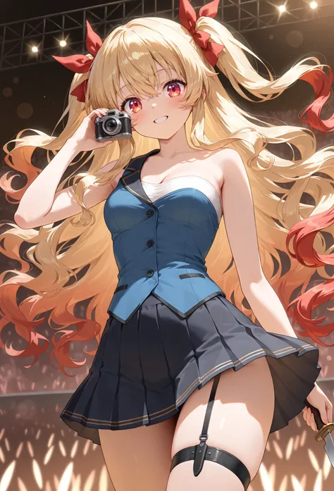 8k, ultra high resolution, hyper-detailed anime style, vibrant cinematic lighting, (anime woman:1.3), (medium-framed portrait head to mid-thigh:1.1), (one-shoulder fitted blue vest with black trim and gold piping:1.2), (white sleeveless crop shirt with glo...