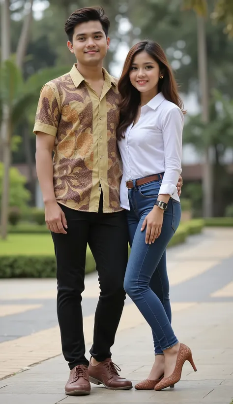 an Indonesian man and an Indonesian woman standing next to each other, an image, inspired by Adam Dario Keel, which is trending in the cg community, a handsome young Indonesian man with a beautiful young Indonesian woman with wavy hair, a man dressed in a ...