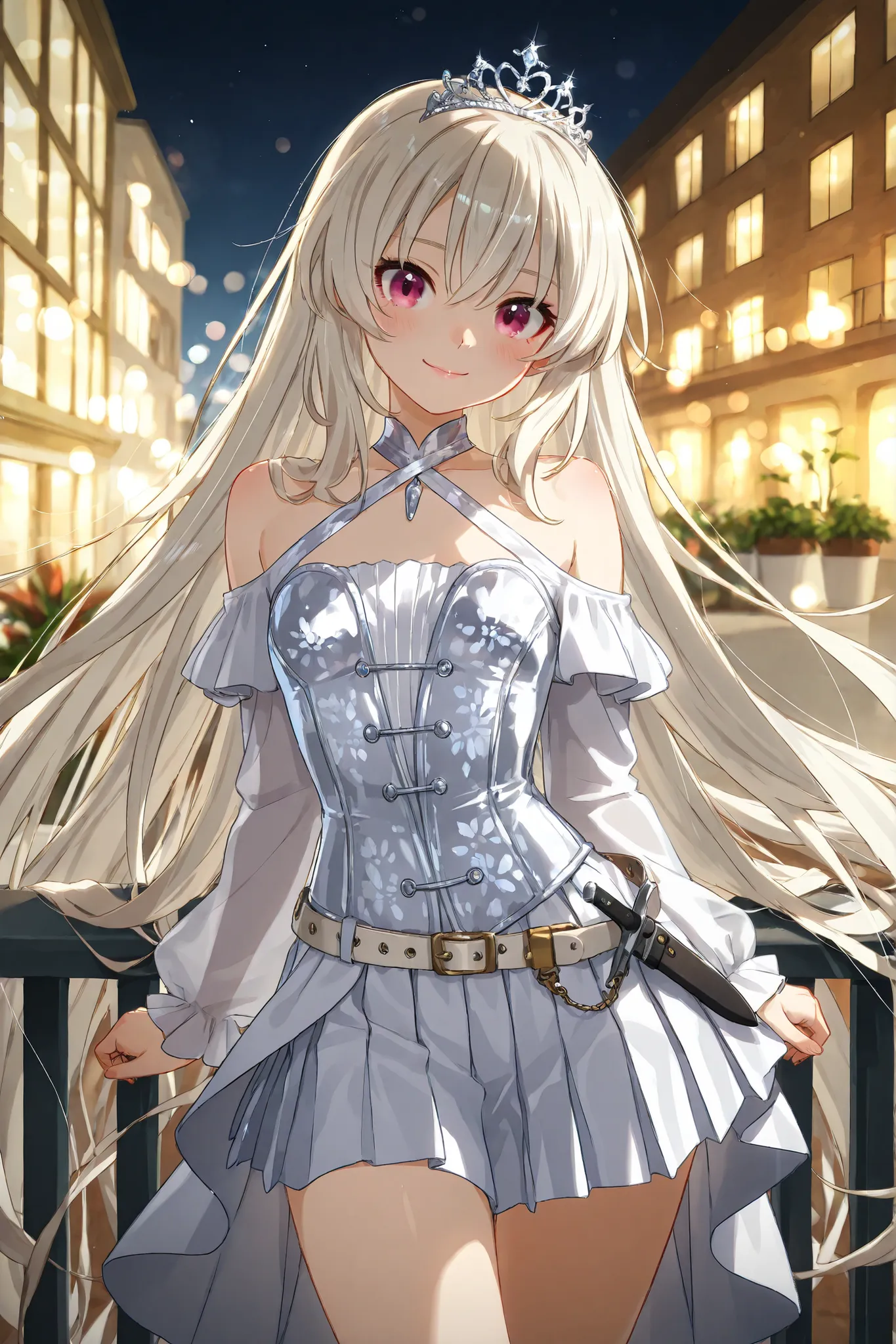 8k, ultra high resolution, hyper-detailed anime style, cinematic lighting, (anime woman:1.3), (medium-framed portrait head to mid-thigh:1.1), (slender figure:1.1), (platinum blonde long flowing waves with darker roots:1.2), (meticulously rendered individua...