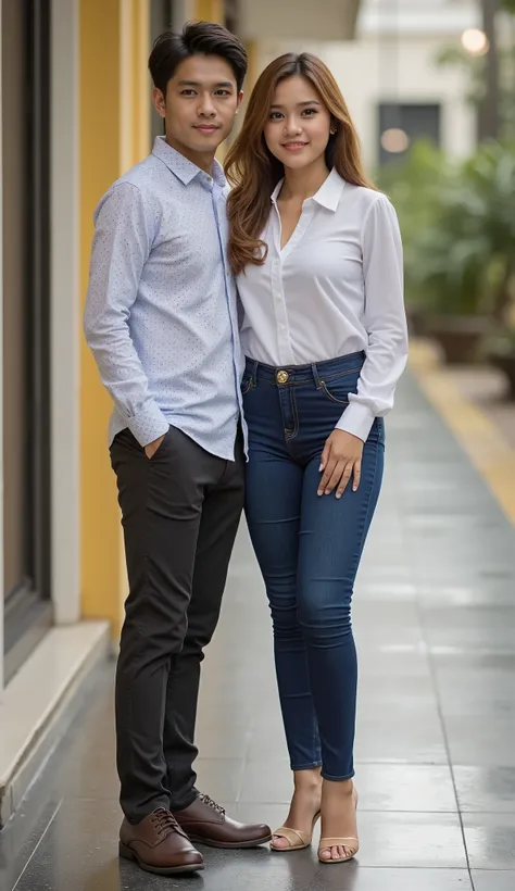 an Indonesian man and an Indonesian woman standing next to each other, an image, inspired by Adam Dario Keel, which is trending in the cg community, a handsome young Indonesian man with a beautiful young Indonesian woman with wavy hair, a man dressed in a ...