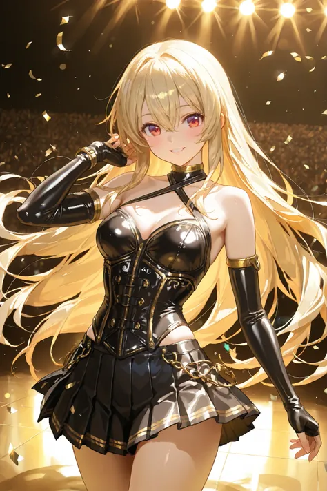 8k, ultra high resolution, hyper-detailed anime style, cinematic lighting, (anime woman:1.3), (medium-framed portrait head to mid-thigh:1.1), (slender figure:1.2), (warm smile with dimples:1.0), (gold hair in long flowing waves:1.1), (intricate black leath...