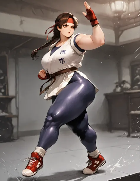 masterpiece, best quality, 1girl, solo, absurdres,
large breasts,
ysakazaki,
brown hair, brown eyes, single braid,
dougi, sneakers, spandex, headband, fingerless gloves
high up, standing on one foot, poised before executing a spinning kick, cinematic a...