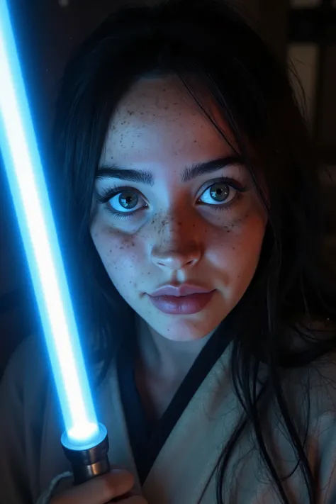 Please create a poster of a closeup of a beautiful female jedi holding a blue lightsaber and looking straight into the camera with determination in her eyes. The picture should look like a Star Wars wallpaper with dark background and cinematic look.
