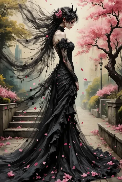 generate images of devil bride, dark fantasy theme,, in garden, Cherry blossom petals in the air,(art by Carne Griffiths:1.2),(fantastic atmosphere), wind effect,(full body image:1.5), highly intricate gothic style long wedding dress with veil, elegant, an...