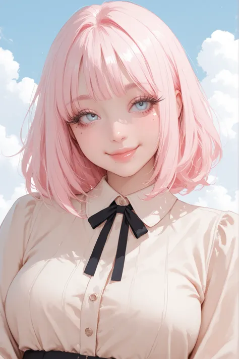 A beautiful girl, she has cute short light pink hair with bangs, light blue eyes, cute outfit, long eyelashes, cute smile, plump lips, mole under her eye, on a background with clouds.