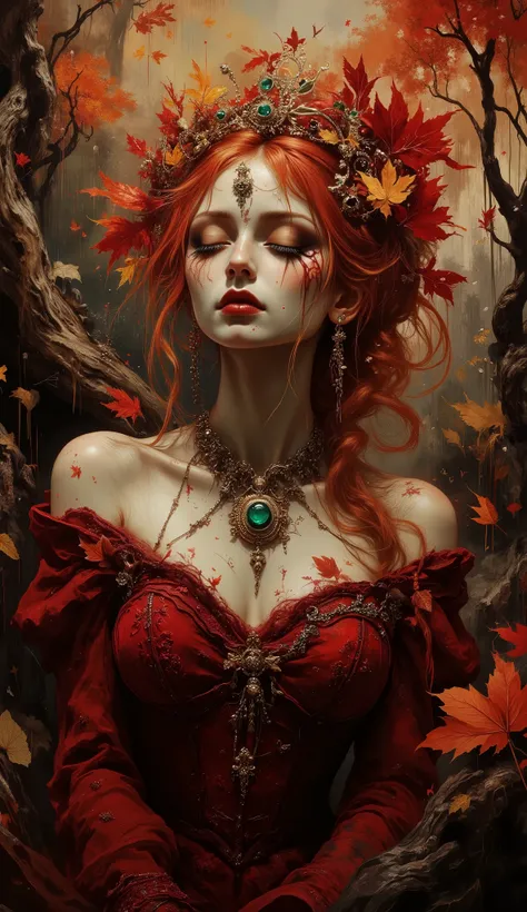 The image is a romantic portrait in fantastic style depicting a woman in an autumnal forest. The woman, of long wavy red hair, Her fair skin, She wears an intense red dress with bare shoulders, Gothic style, revealing a beautiful necklace with a beautiful ...