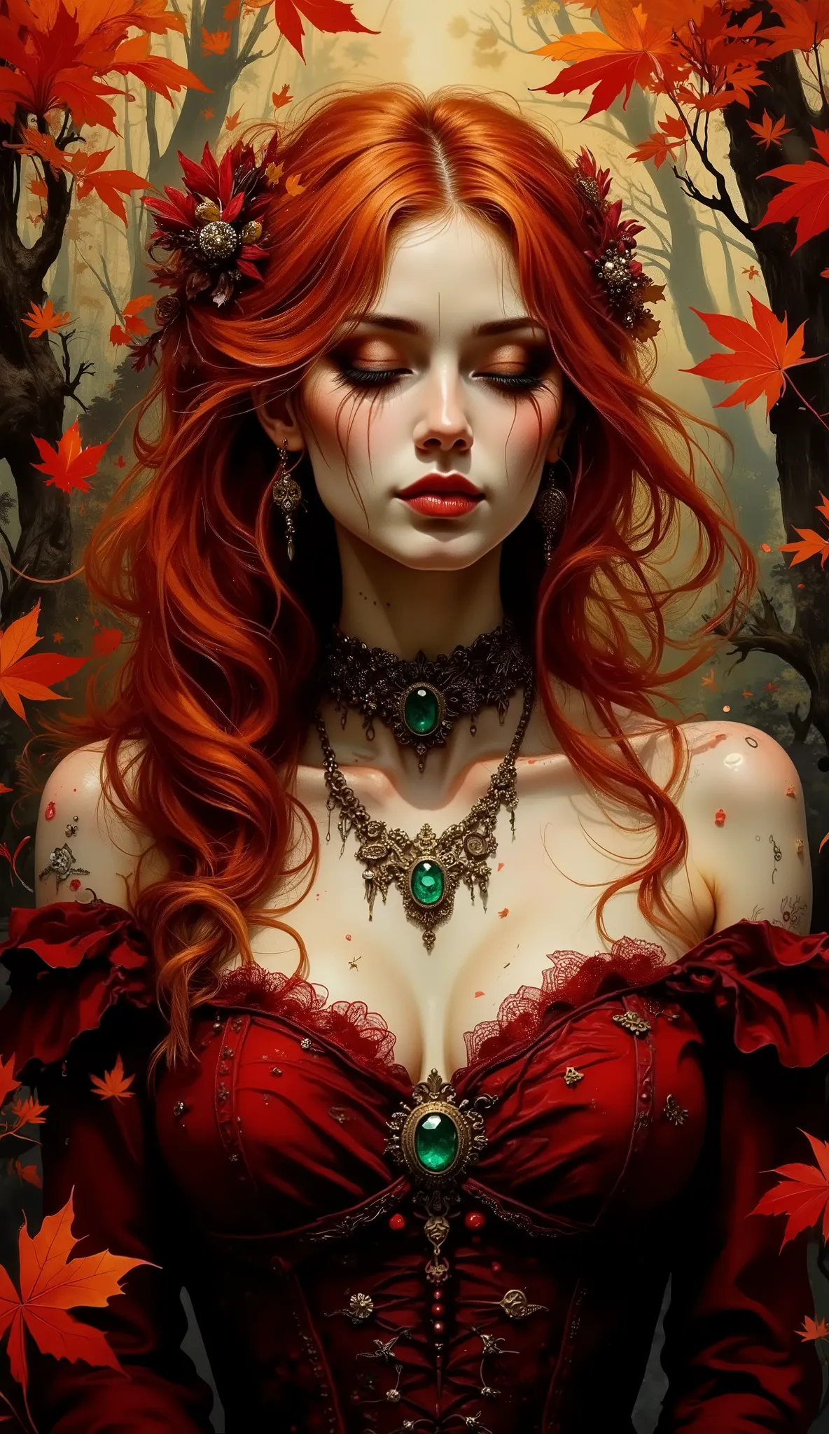 The image is a romantic portrait in fantastic style depicting a woman in an autumnal forest. The woman, of long wavy red hair, Her fair skin, She wears an intense red dress with bare shoulders, Gothic style, revealing a beautiful necklace with a beautiful ...