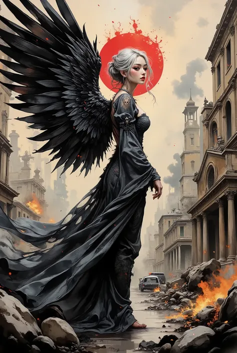 Detailed proportions and textures and multi-color with airbrushed brush strokes that presents a semi-realistic illustration in Chineseof a female figure with large, flapping wings. The wings are predominantly bright black with vibrant crimson red accents, ...