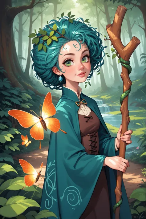 A portrait of a forest witch with glowing moss-green eyes and long, tangled hair the color of tree bark, decorated with feathers, bones, and tiny lanterns. Her cloak is made of layered leaves, roots, and tattered fabric, blending seamlessly with the forest...