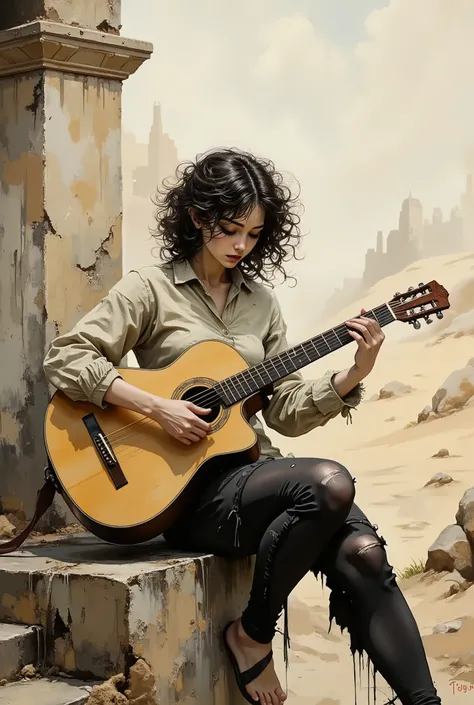 A young girl with lush dark curly hair sits on a light gray stone wall against a desert landscape. She plays an acoustic guitar, her expression thoughtful. Pale skin, light brown eyes, and a neutral emotional state. She is wearing a light beige/cream bu...