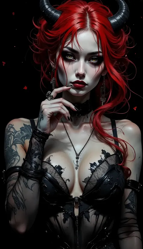 The image is a stylized portrait with a dark and melancholic aesthetic. The subject is a succubus woman with striking red hair that falls in loose waves, contrasting sharply with the dark background.  Her skin is pale , which enhances the intensity of the ...
