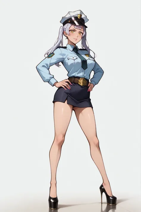 punteggio_9, punteggio_8_su, punteggio_7_su,  white background, Noelle Silva da Black Clover, Solo, full figure, standing with open legs, white-haired, high definition of the face in Noelle Silva style, sexy female cop, occhi rosa, golden super platform hi...