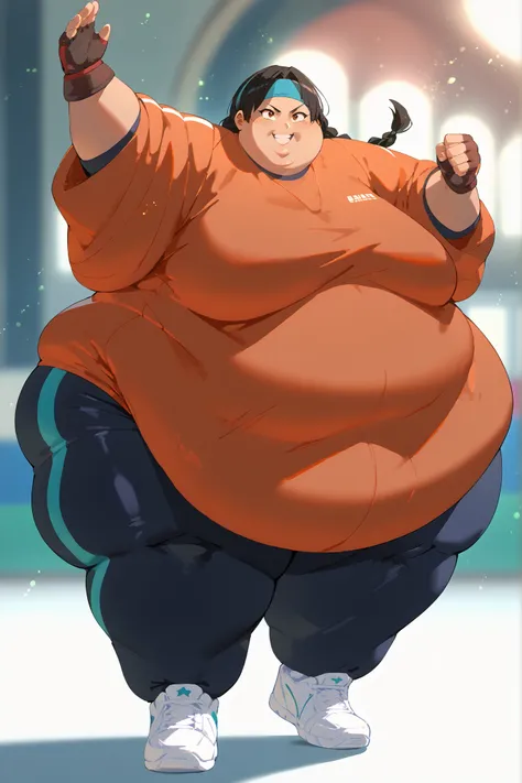 masterpiece, best quality, 1girl, solo, absurdres, 
large breasts,
chel,
black hair, brown eyes, twin braids, dark skin,
dougi, sneakers, spandex, headband, fingerless gloves
 high up, standing on one foot, poised before executing a spinning kick, cinemati...