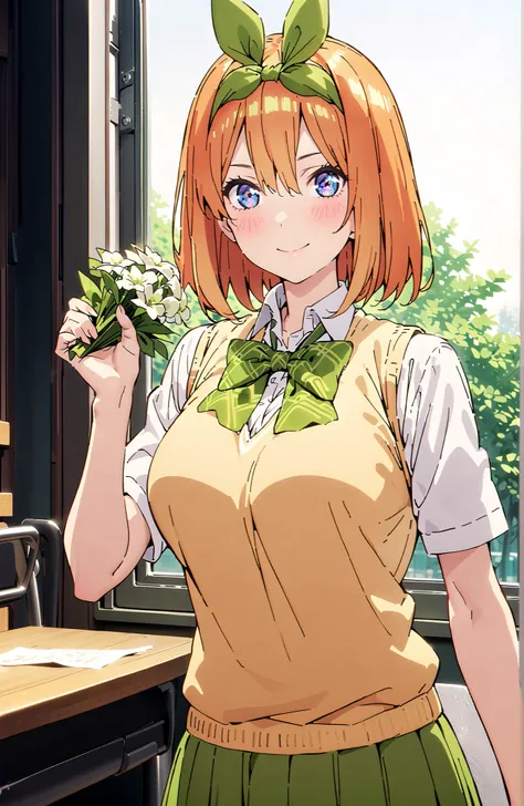 score_9, score_8_up, score_7_up, 中野四葉, solo,bungs, short hair, blue eyes, hair between eyes, hair ribbon, headband, orange hair, (green ribbon:1.5), smile,blush,grinning,Big Breasts,
in their 40s skirt, shirt, bow, ribbon, uniform, white shirt, short sleev...