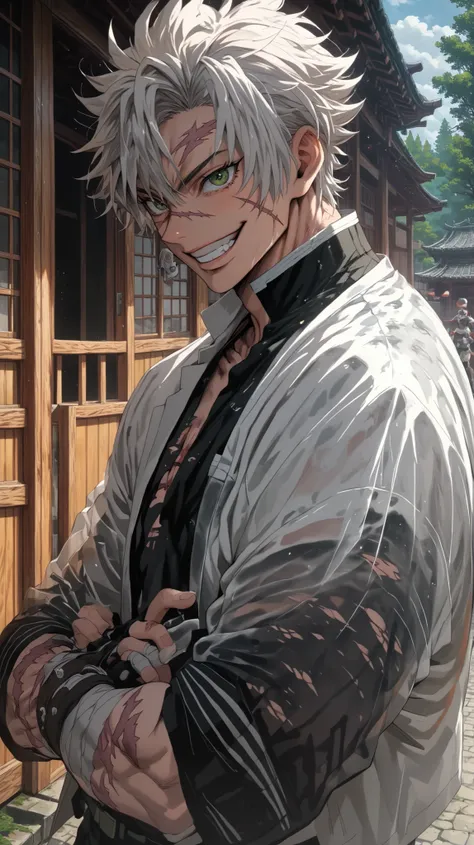the slime_Sanemi, muscle, scars , sinister smile, upper body shot, dojo background, , black and white jacket,only 2 green eyes, Bloodshed battlefield scene
cross your arms a little