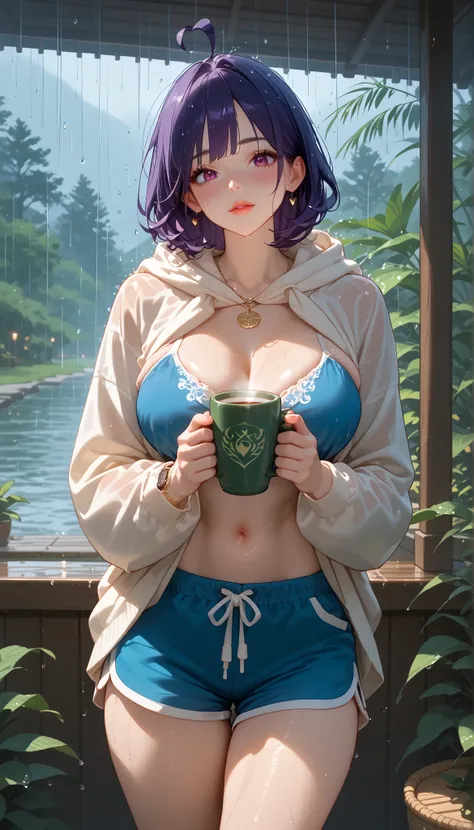 A girl with a nice body and nice breasts lounges under a thatched beach cabana, her perfect face softly lit by a warm lantern. Rain falls gently around her as she sips hot coffee, wearing a loose hoodie and shorts. Her perfect eyes watch the raindrops slid...