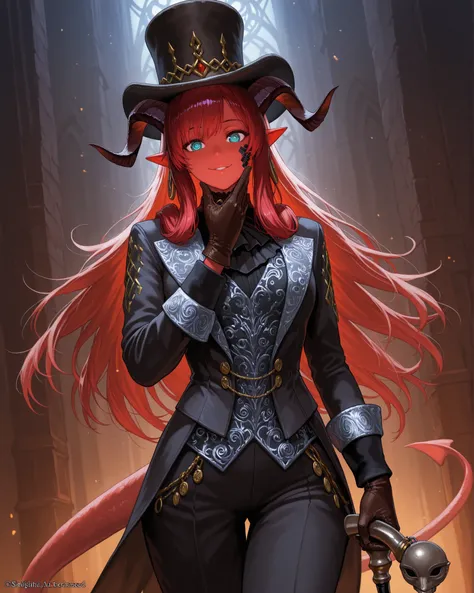 A highly detailed, dark fantasy portrait of a male Tiefling warlock of the Great Old One, dressed in elegant, aristocratic clothing. He wears a black tailored suit with silver embroidery in arcane patterns, a tall top hat with a strange symbol — a drop nex...