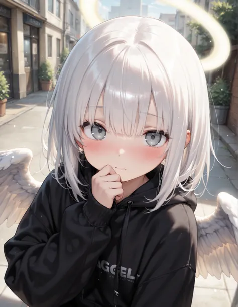 masterpiece, best quality, very aesthetic, 1girl, halo, hood, solo, hoodie, looking at viewer, wings, hood down, upper body, black hoodie, angel, medium hair, bangs, outdoors, angel wings, white hair, long sleeves, blush, grey eyes, drawstring