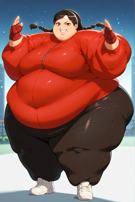 masterpiece, best quality, 1girl, solo, absurdres, 
large breasts,
nikki,
black hair, brown eyes, twin braids, dark skin,
dougi, sneakers, spandex, headband, fingerless gloves
 high up, standing on one foot, poised before executing a spinning kick, cinemat...