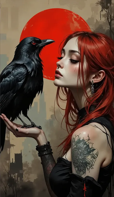 The image is a digital work of art depicting a woman with long, straight red hair, of fair skin, in profile. Her facial features are defined, with green eyes and full lips with a peaceful smile look at the raven. He wears a detailed black tattoo on his le...